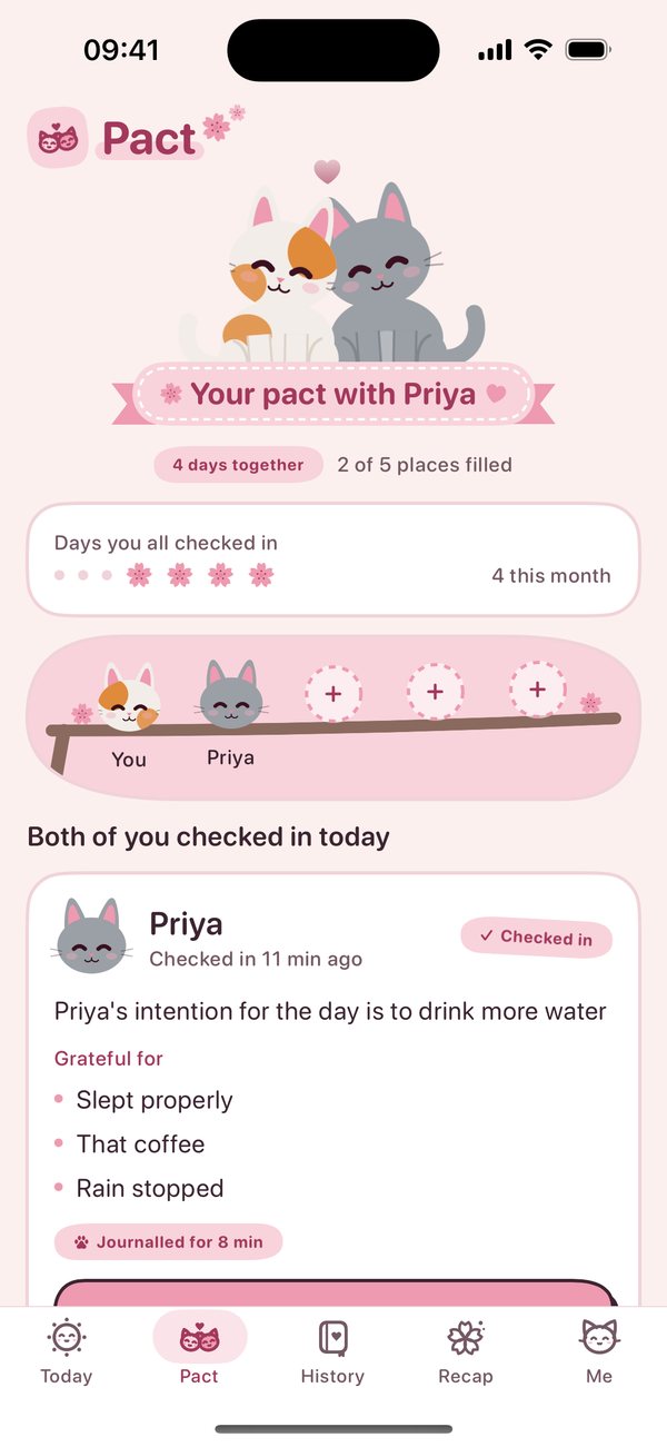 The Pact tab: two cats touching heads, 4 days together, and Priya checked in 12 minutes ago
